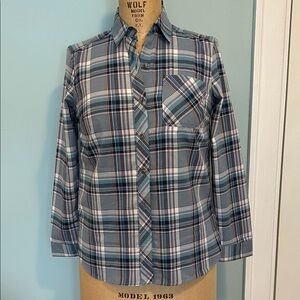 Eddie Bauer Gray and Blue Plaid Casual Shirt